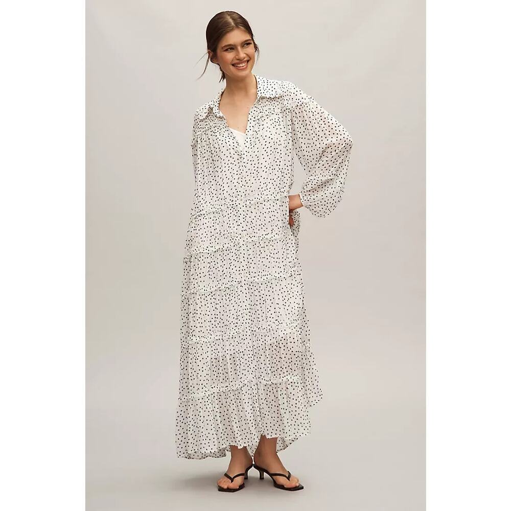 NWT Anthropologie Long-Sleeve Smocked Tiered Maxi Dress Sz SP Polka Dot #7H460